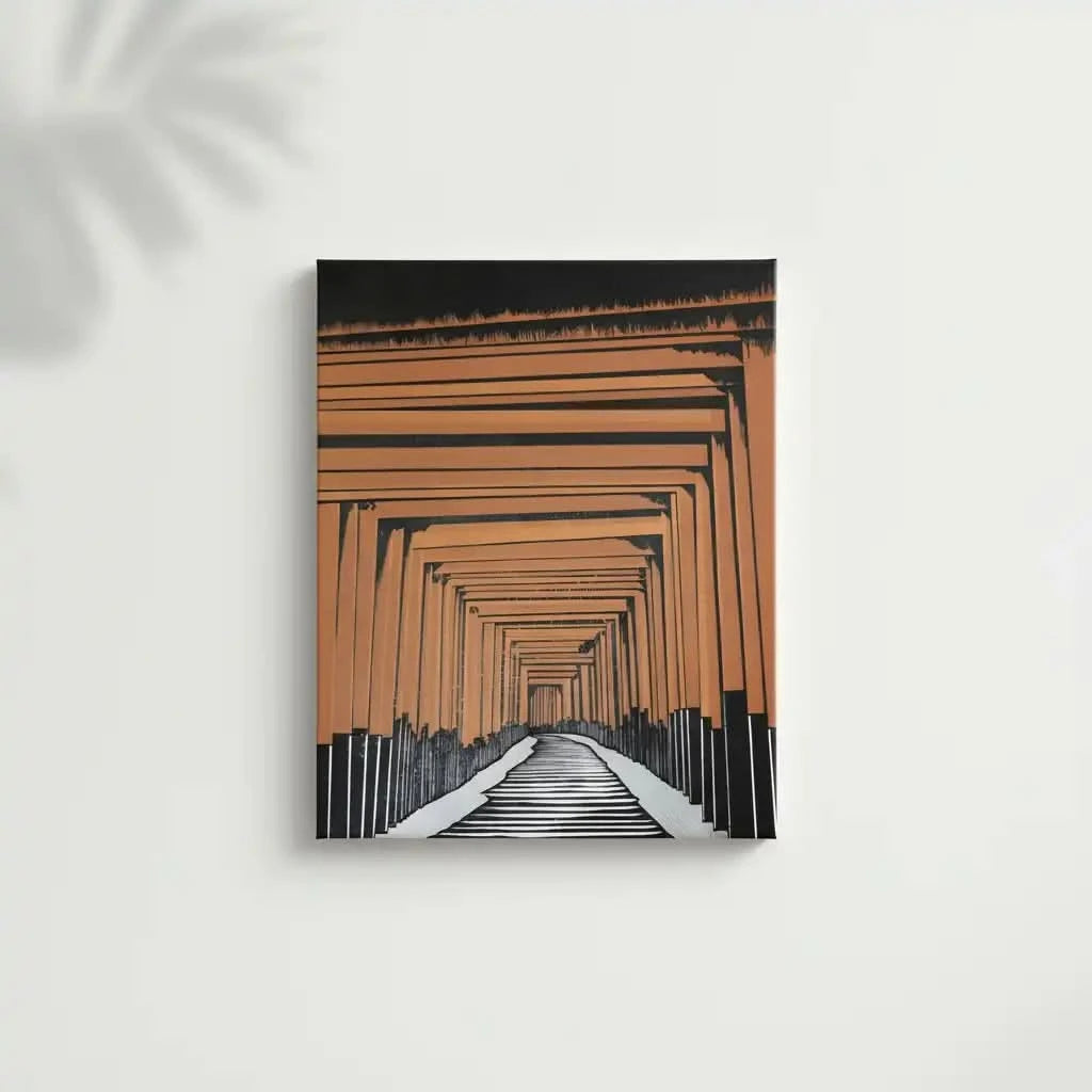 Tableau géométrique avec portails orange et noir, perspective infinie, ambiance mystérieuse pour bureau ou salon moderne.