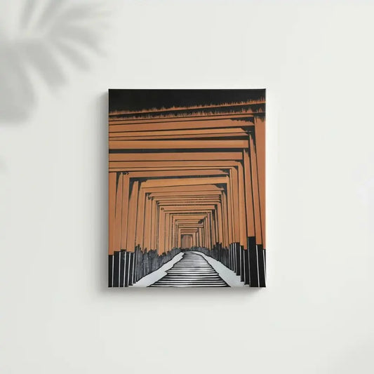 Tableau géométrique avec portails orange et noir, perspective infinie, ambiance mystérieuse pour bureau ou salon moderne.