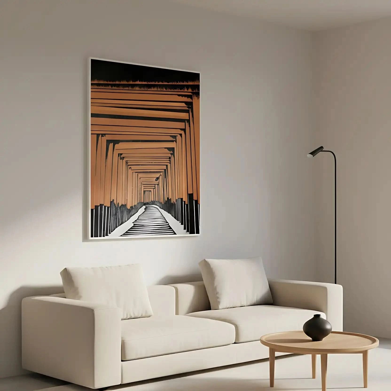 Tableau géométrique avec portails orange et noir, perspective infinie, ambiance mystérieuse pour bureau ou salon moderne.