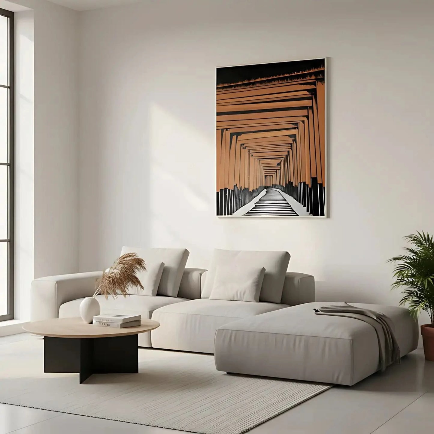 Tableau géométrique avec portails orange et noir, perspective infinie, ambiance mystérieuse pour bureau ou salon moderne.