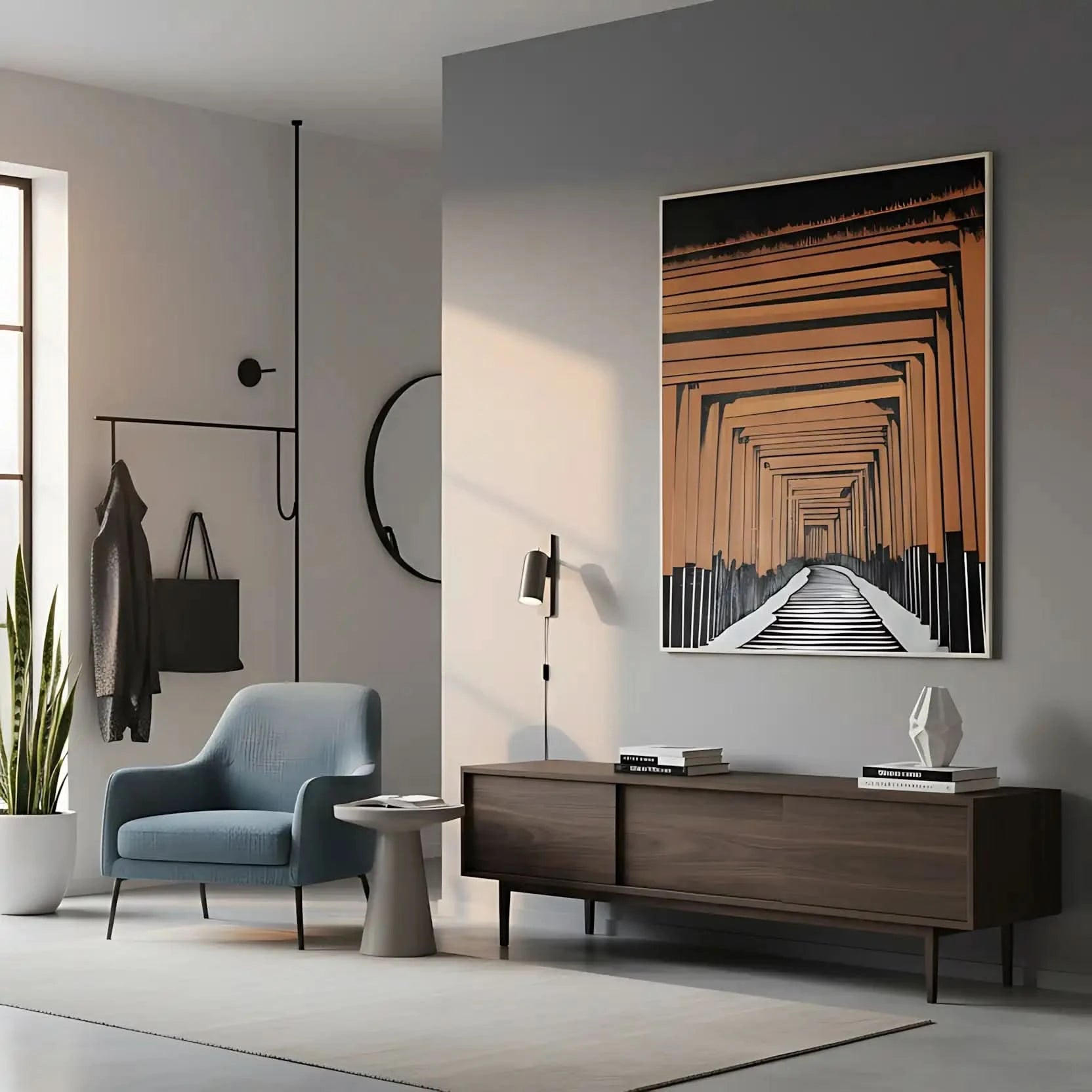 Tableau géométrique avec portails orange et noir, perspective infinie, ambiance mystérieuse pour bureau ou salon moderne.