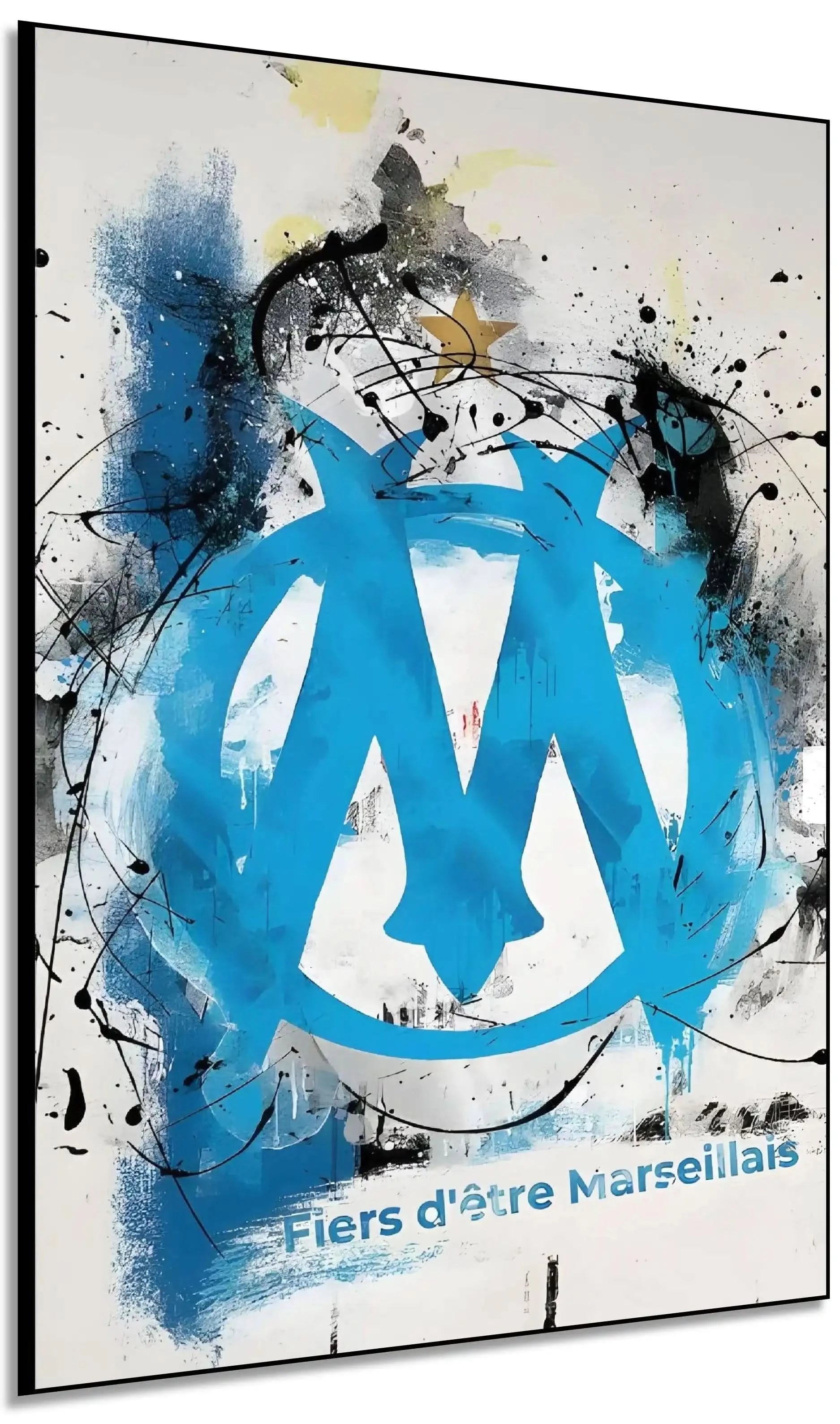 Tableau moderne avec logo marseillais, éclats de bleu vif et noir profond, ambiance dynamique pour salon ou bureau.