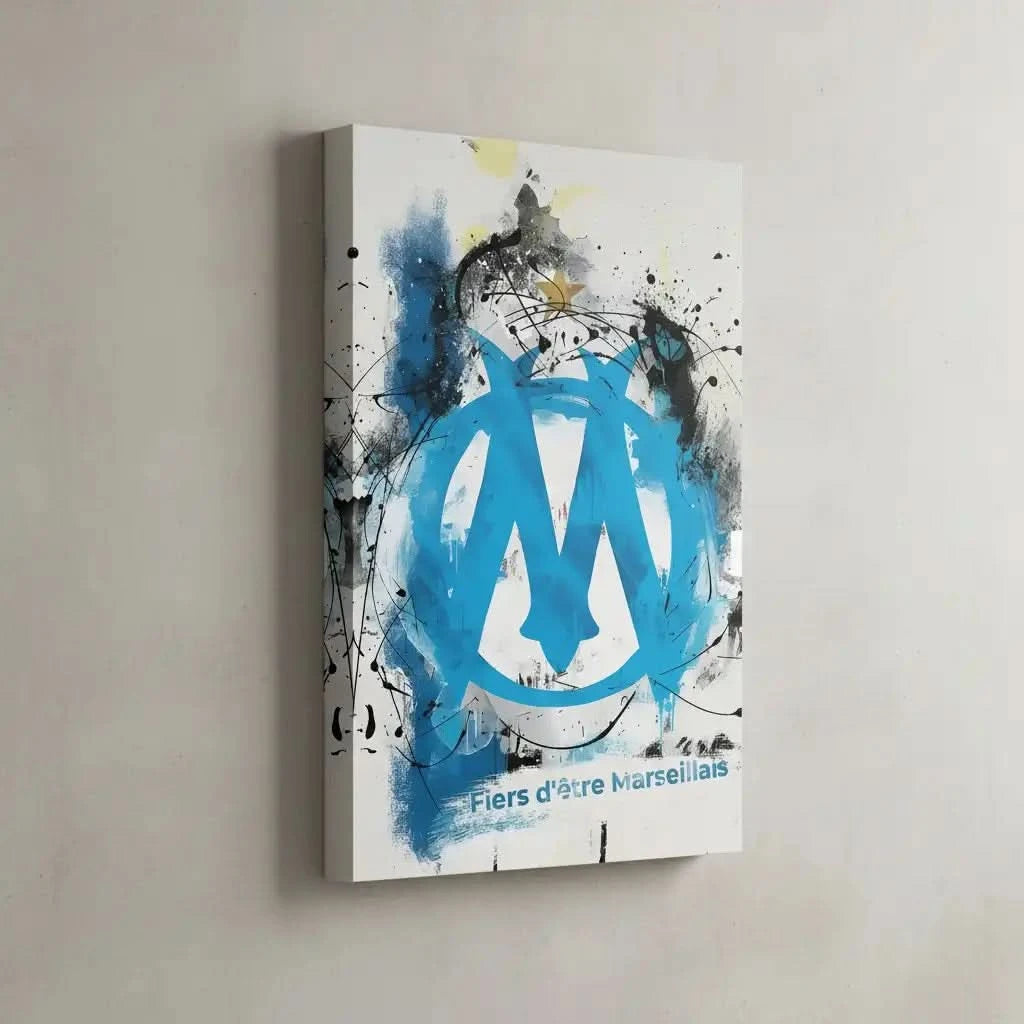 Tableau moderne avec logo marseillais, éclats de bleu vif et noir profond, ambiance dynamique pour salon ou bureau.