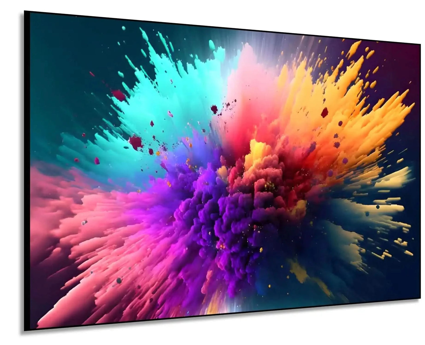 Explosion de couleurs vives avec turquoise, violet, orange et rose, créant une ambiance dynamique et inspirante pour salon mo