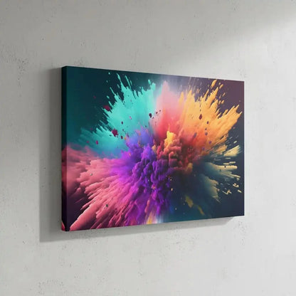 Explosion de couleurs vives avec turquoise, violet, orange et rose, créant une ambiance dynamique et inspirante pour salon mo