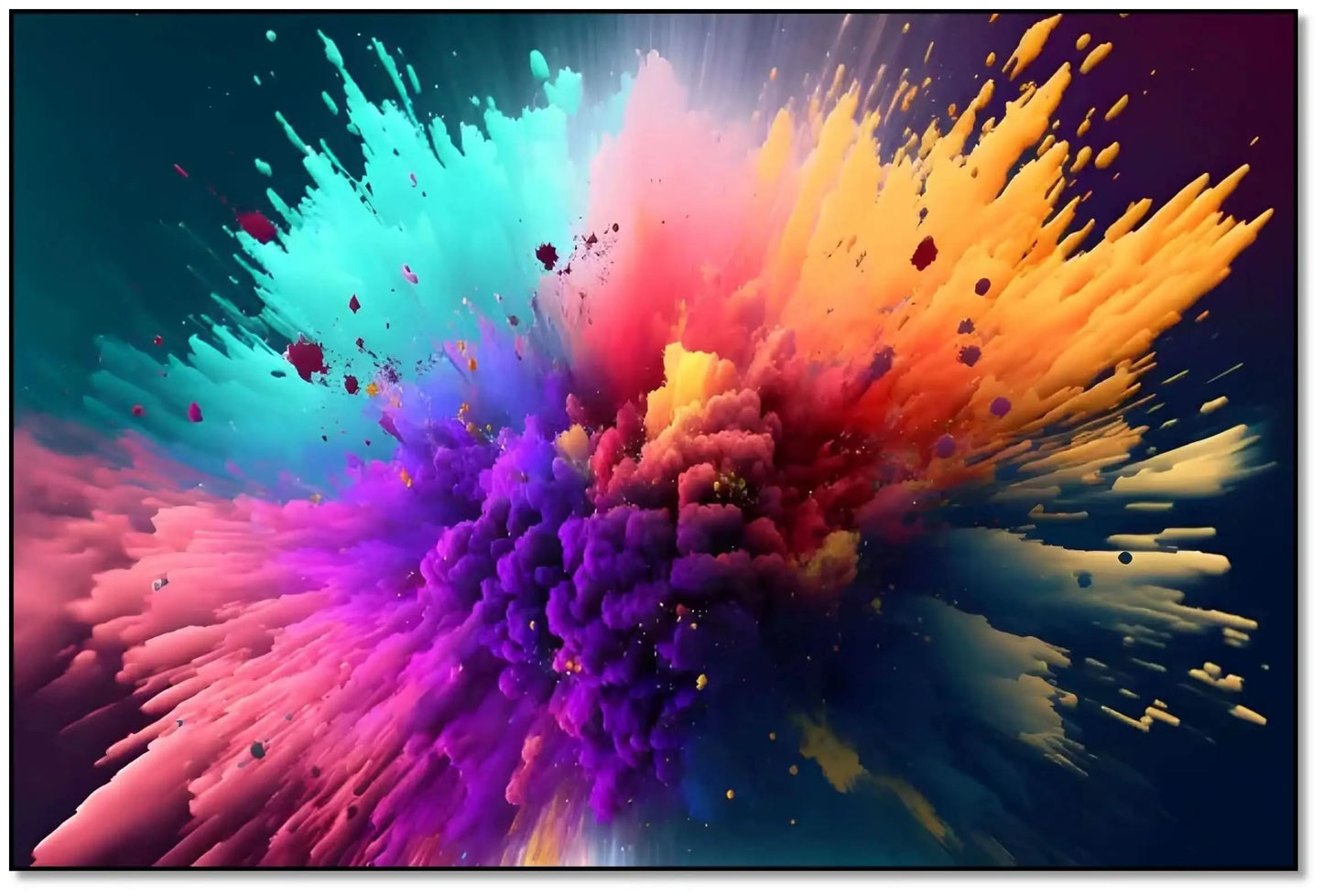 Explosion de couleurs vives avec turquoise, violet, orange et rose, créant une ambiance dynamique et inspirante pour salon mo