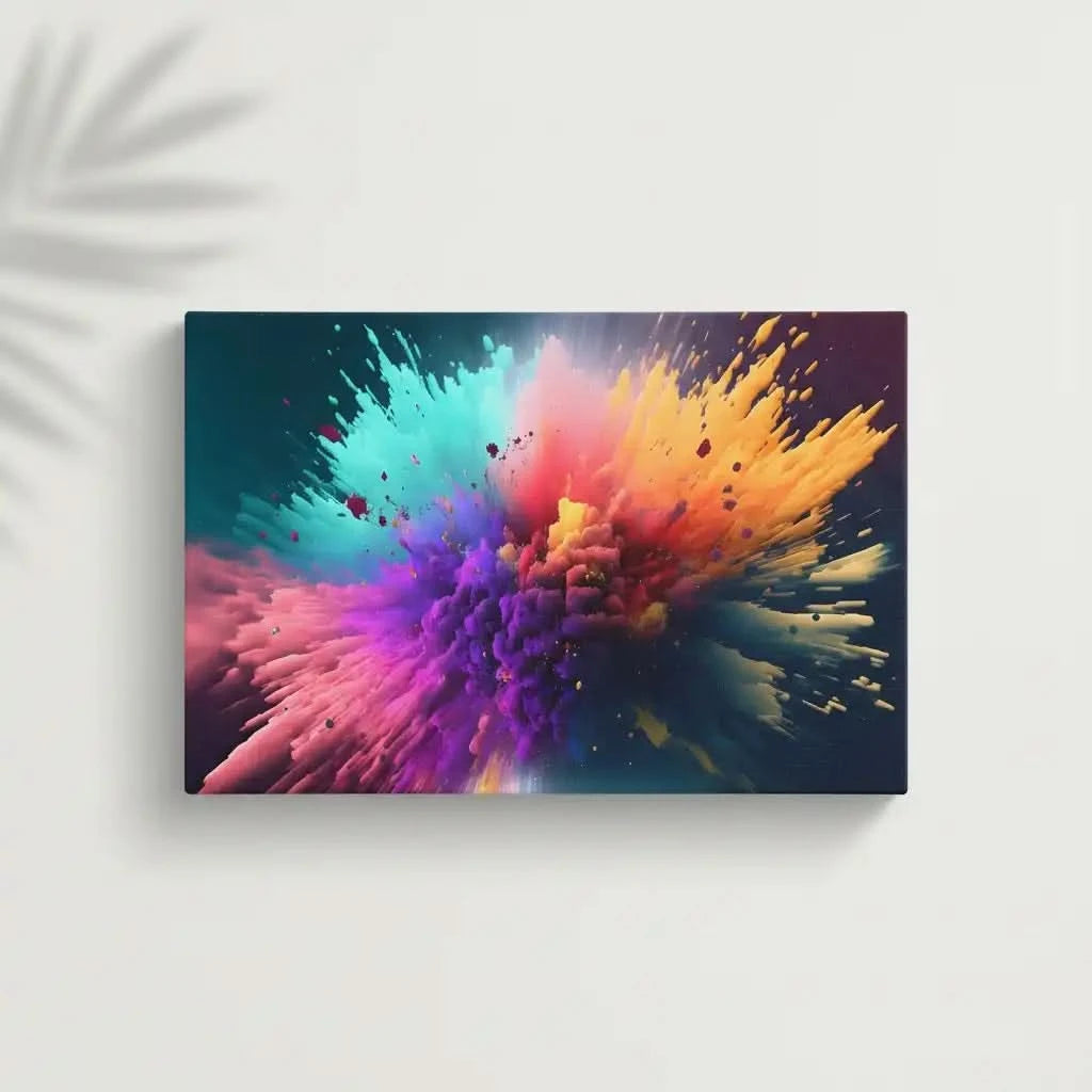 Explosion de couleurs vives avec turquoise, violet, orange et rose, créant une ambiance dynamique et inspirante pour salon mo