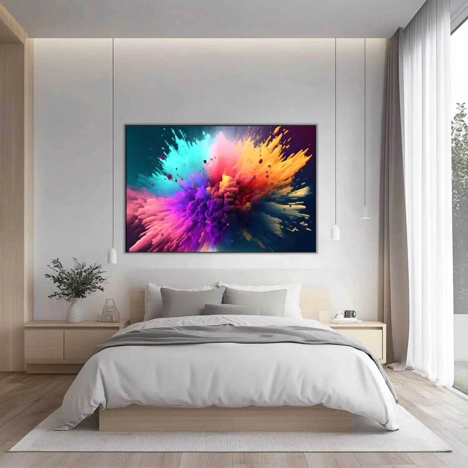 Explosion de couleurs vives avec turquoise, violet, orange et rose, créant une ambiance dynamique et inspirante pour salon mo