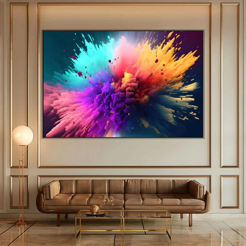 Explosion de couleurs vives avec turquoise, violet, orange et rose, créant une ambiance dynamique et inspirante pour salon mo