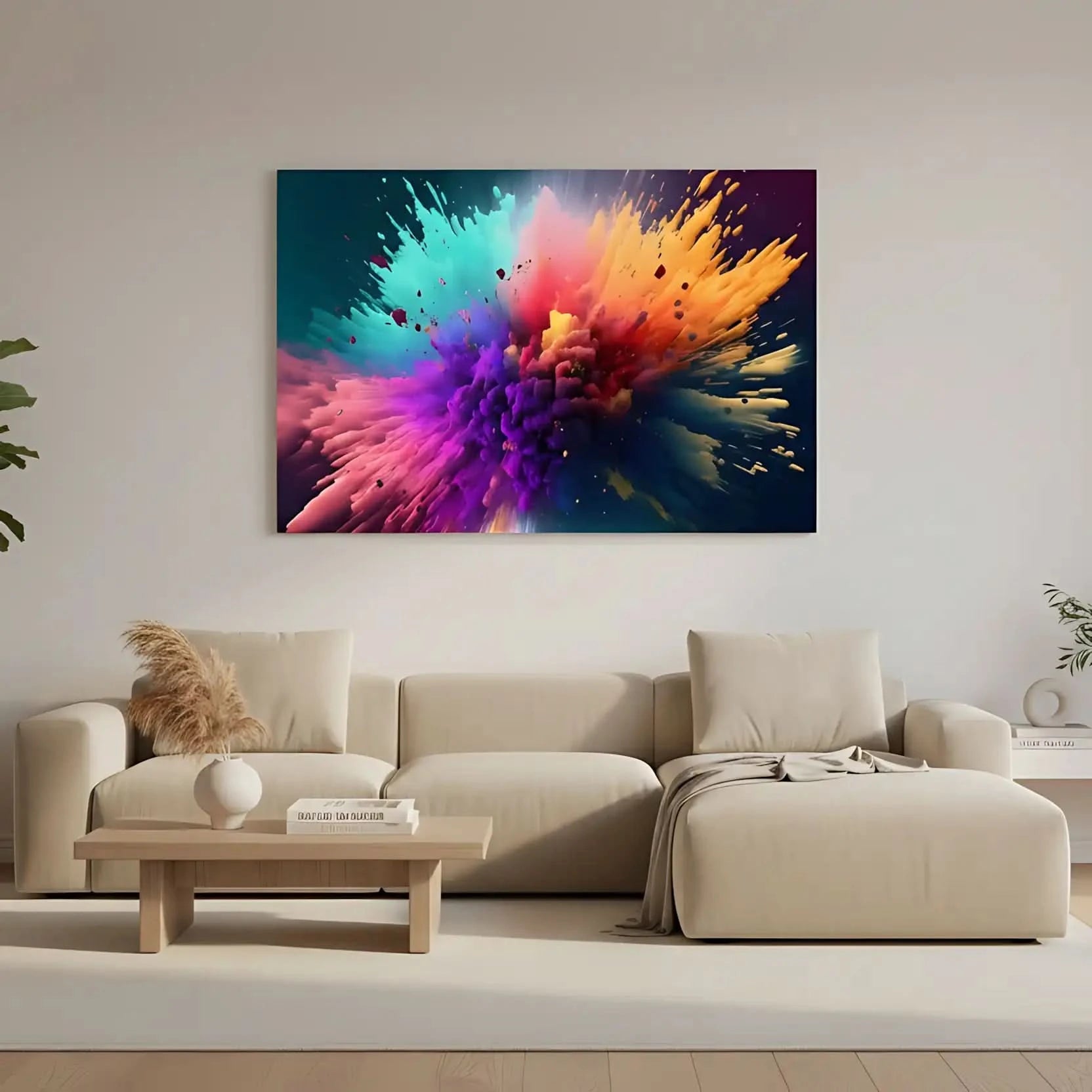 Explosion de couleurs vives avec turquoise, violet, orange et rose, créant une ambiance dynamique et inspirante pour salon mo