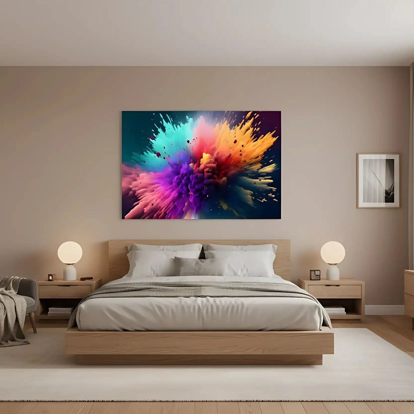 Explosion de couleurs vives avec turquoise, violet, orange et rose, créant une ambiance dynamique et inspirante pour salon mo