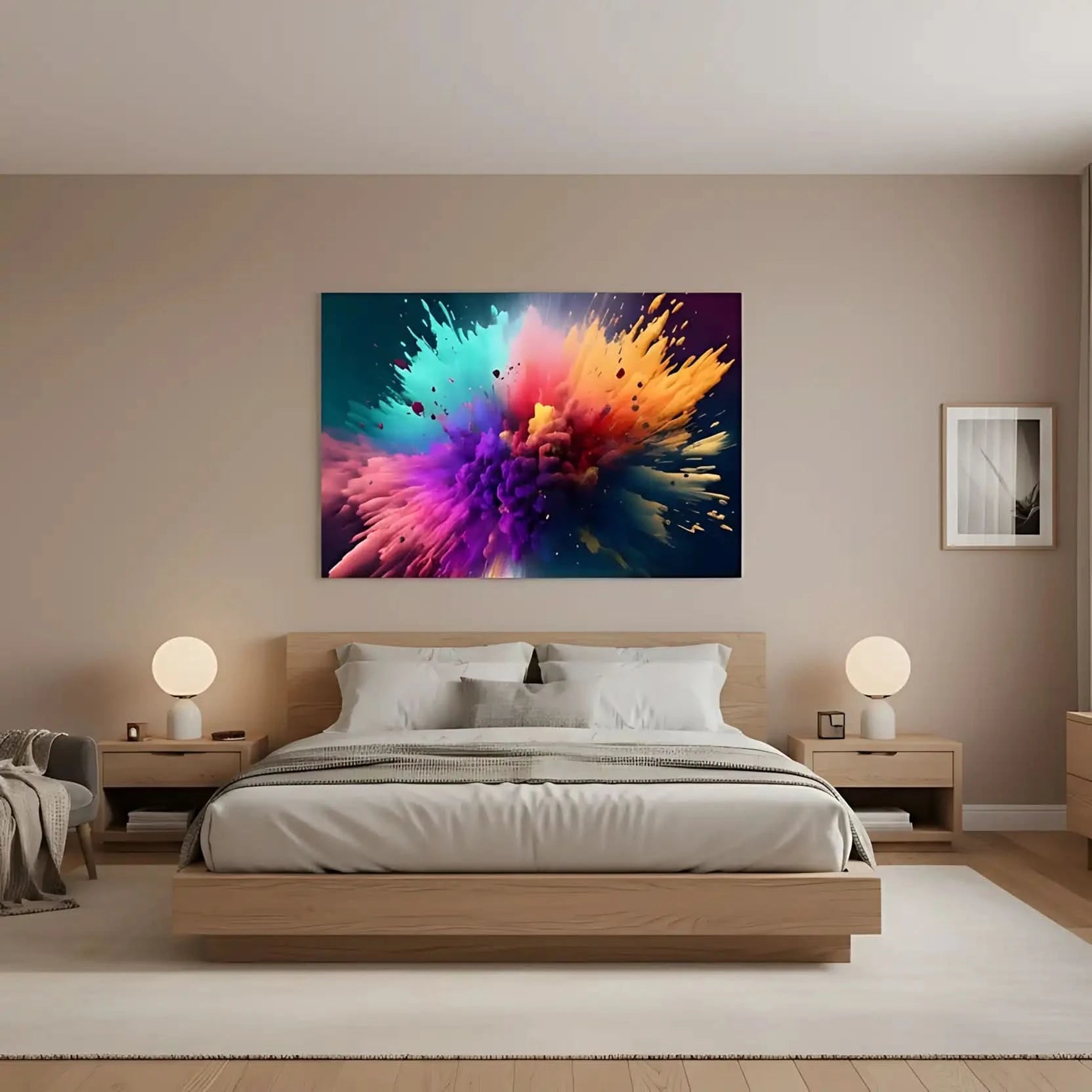 Explosion de couleurs vives avec turquoise, violet, orange et rose, créant une ambiance dynamique et inspirante pour salon mo