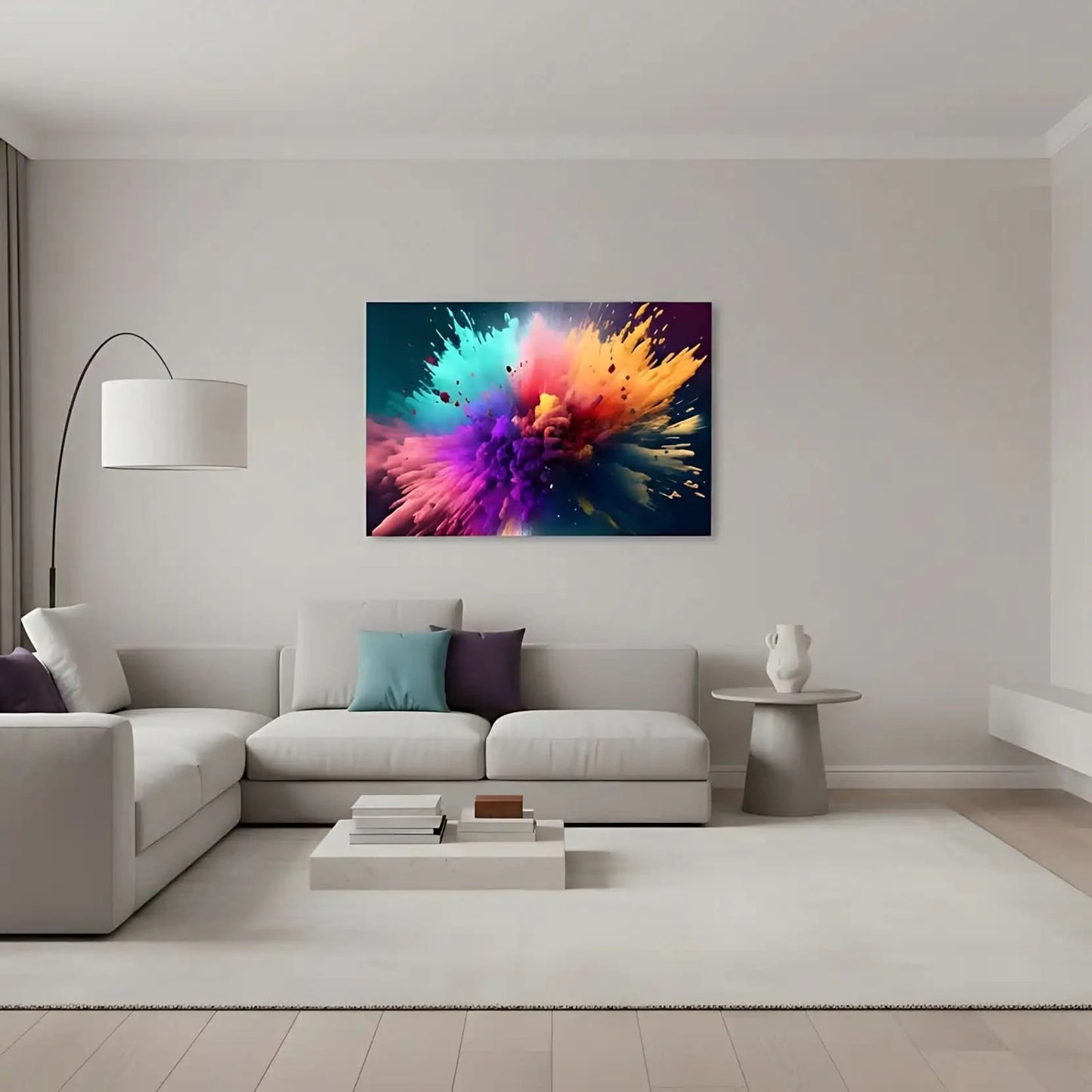 Explosion de couleurs vives avec turquoise, violet, orange et rose, créant une ambiance dynamique et inspirante pour salon mo