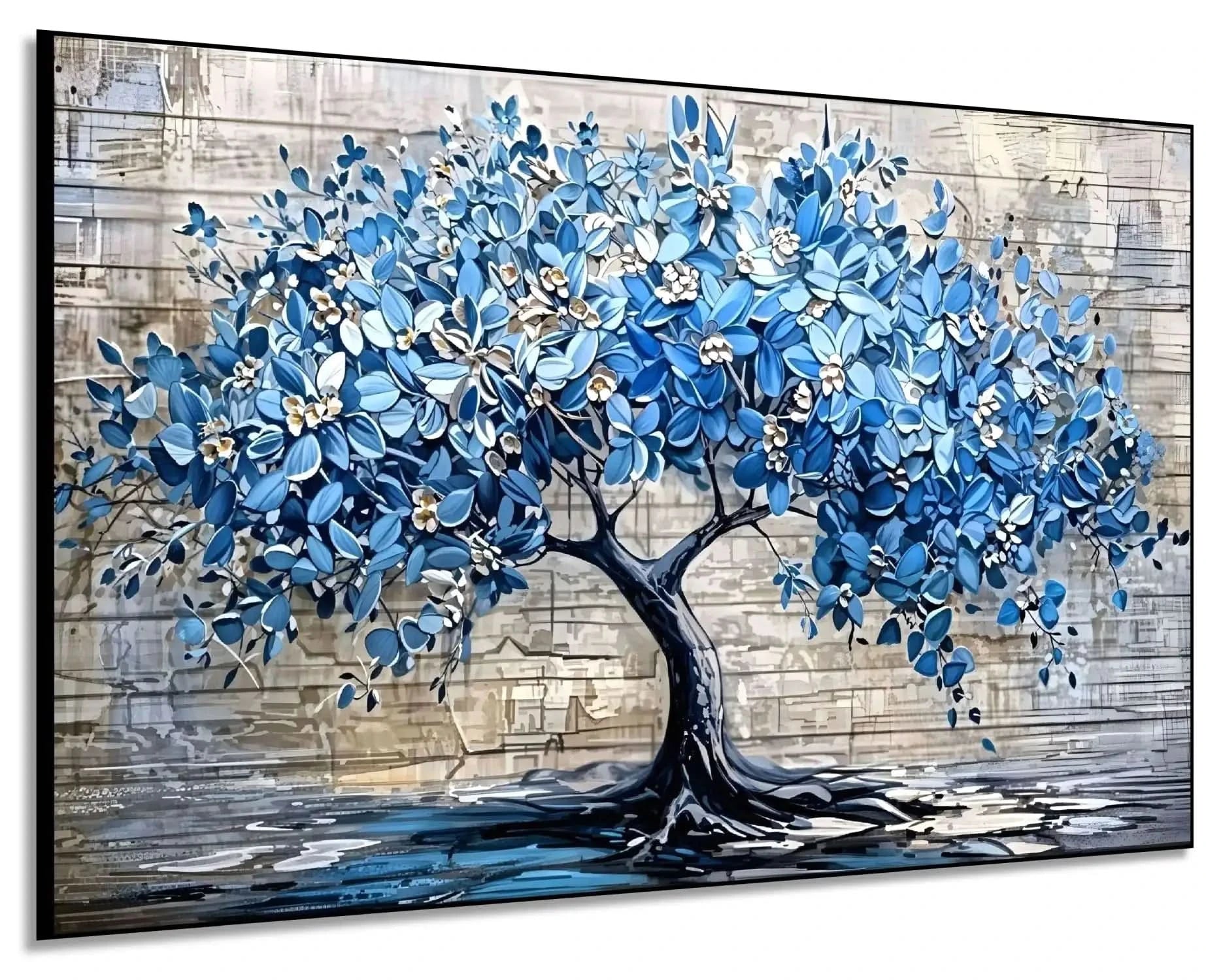 Arbre impressionniste en fleurs bleues, reflet élégant, palette bleu glacé et beige, apporte sérénité pour chambre ou salon.