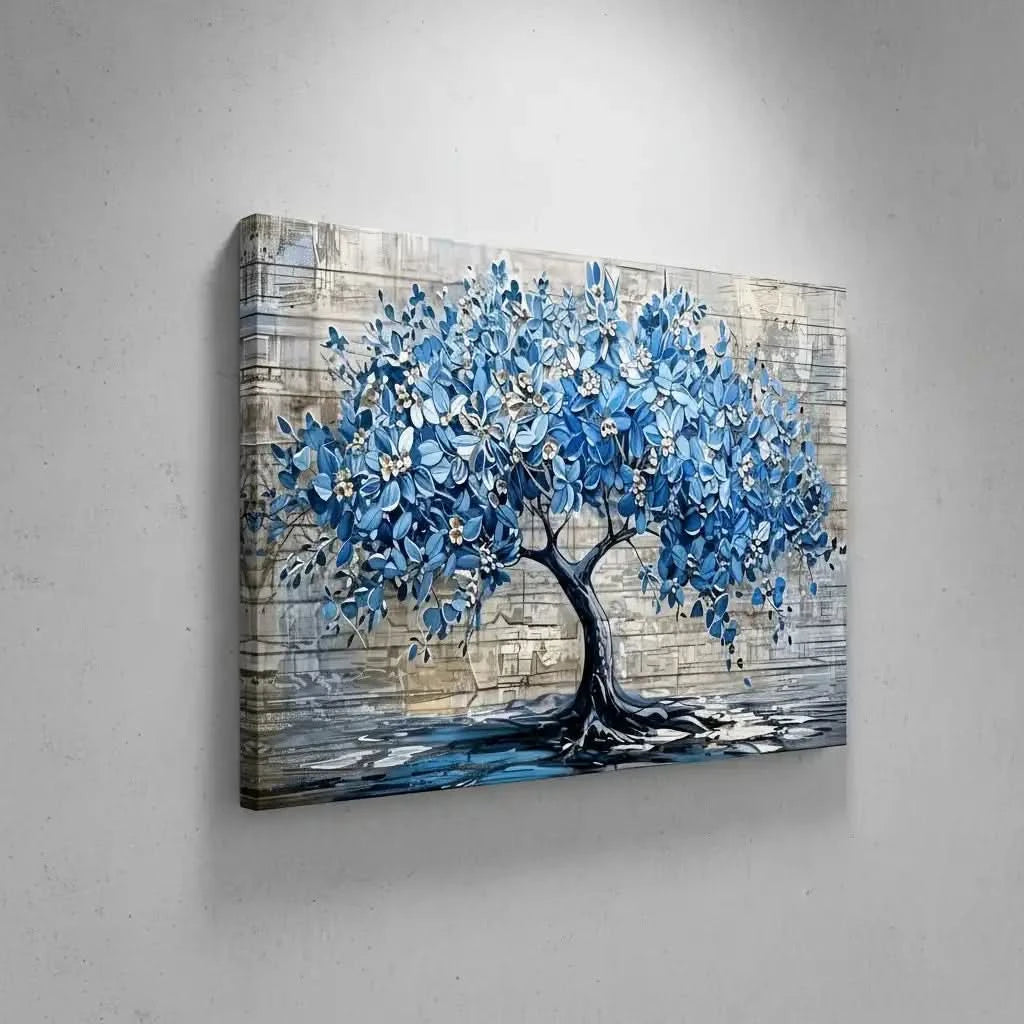 Arbre impressionniste en fleurs bleues, reflet élégant, palette bleu glacé et beige, apporte sérénité pour chambre ou salon.