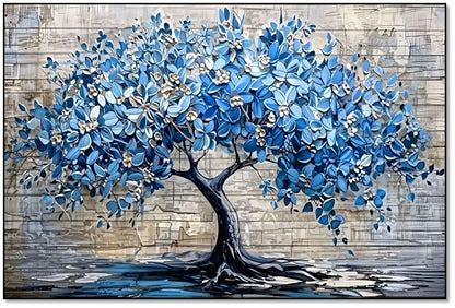 Arbre impressionniste en fleurs bleues, reflet élégant, palette bleu glacé et beige, apporte sérénité pour chambre ou salon.