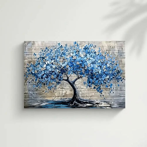 Arbre impressionniste en fleurs bleues, reflet élégant, palette bleu glacé et beige, apporte sérénité pour chambre ou salon.
