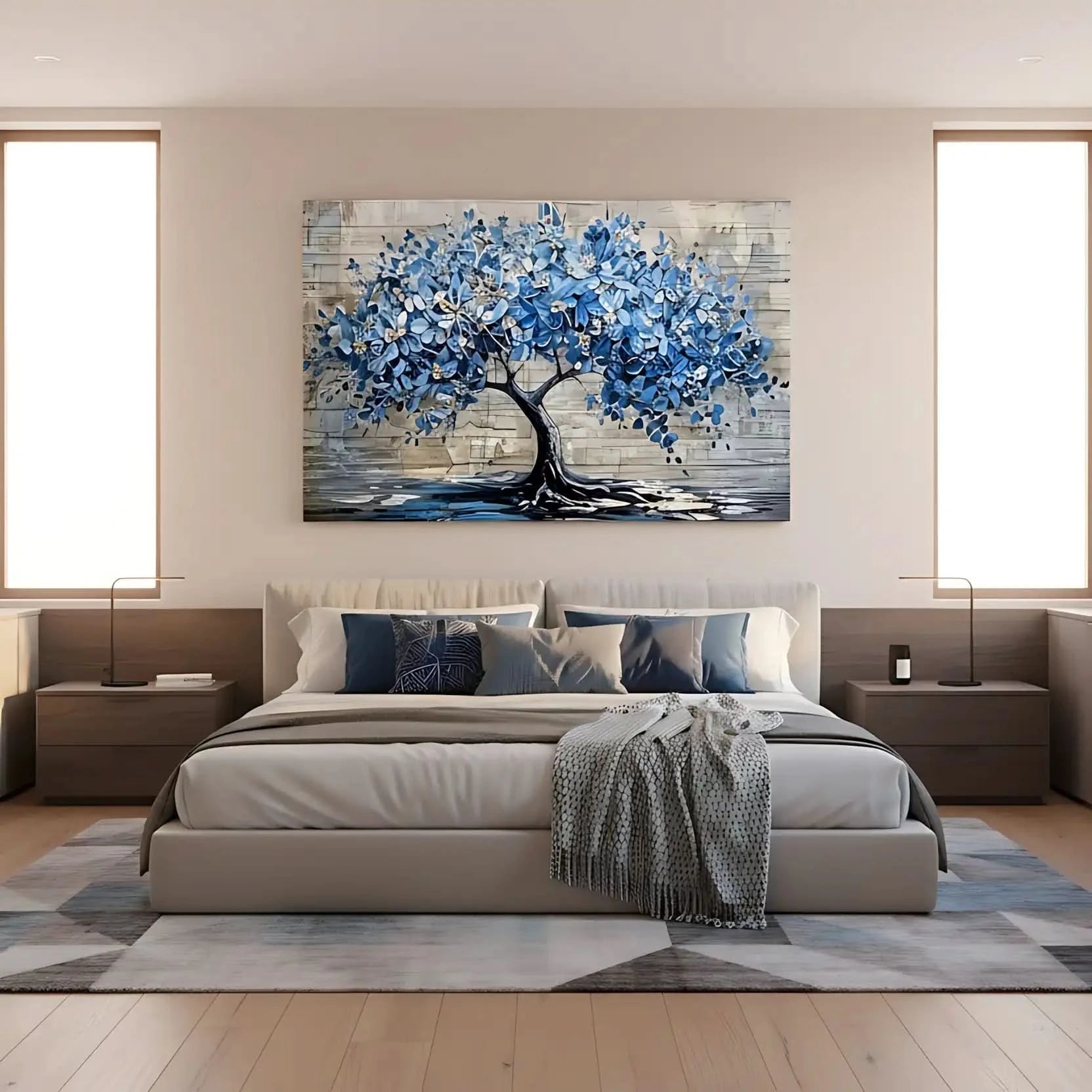 Arbre impressionniste en fleurs bleues, reflet élégant, palette bleu glacé et beige, apporte sérénité pour chambre ou salon.