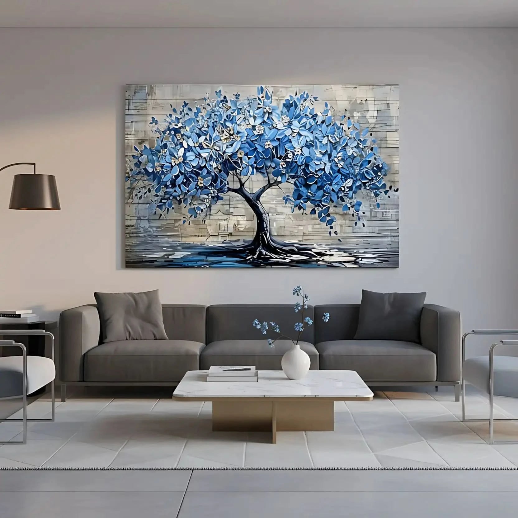 Arbre impressionniste en fleurs bleues, reflet élégant, palette bleu glacé et beige, apporte sérénité pour chambre ou salon.