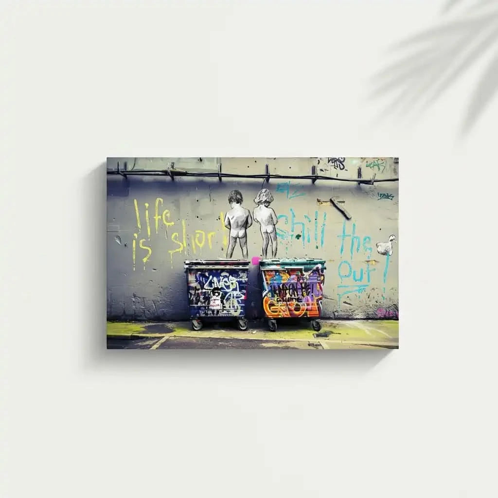 Street art avec enfants en noir et blanc, graffitis colorés sur mur gris, ambiance urbaine et réflexion sur la vie.