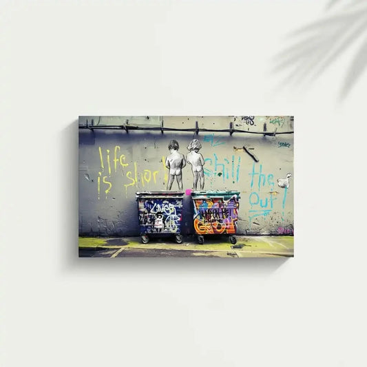 Street art avec enfants en noir et blanc, graffitis colorés sur mur gris, ambiance urbaine et réflexion sur la vie.