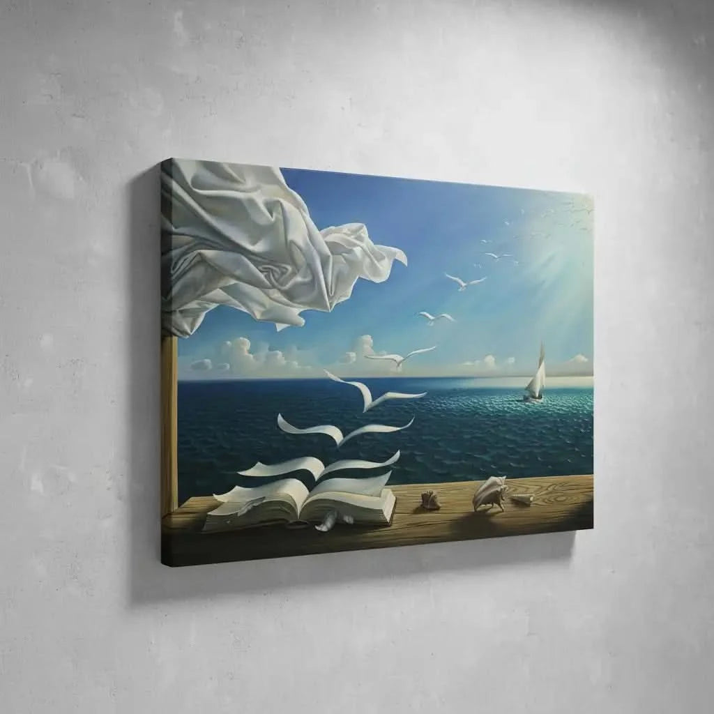 Tableau surréaliste avec livre aux pages s'envolant, ciel bleu éclatant, mouettes blanches, ambiance paisible pour bureau ou