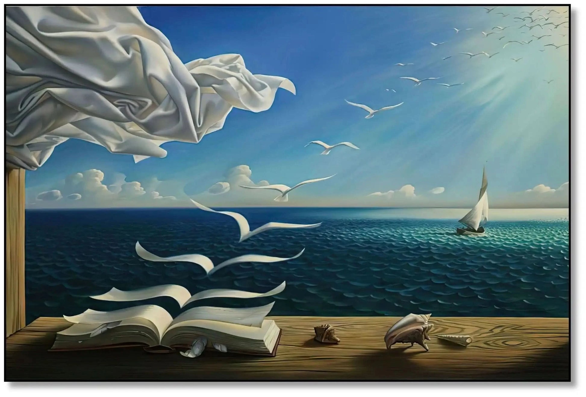Tableau surréaliste avec livre aux pages s'envolant, ciel bleu éclatant, mouettes blanches, ambiance paisible pour bureau ou