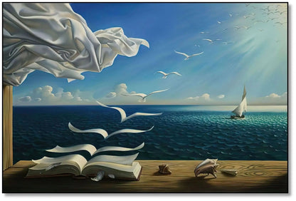 Tableau surréaliste avec livre aux pages s'envolant, ciel bleu éclatant, mouettes blanches, ambiance paisible pour bureau ou