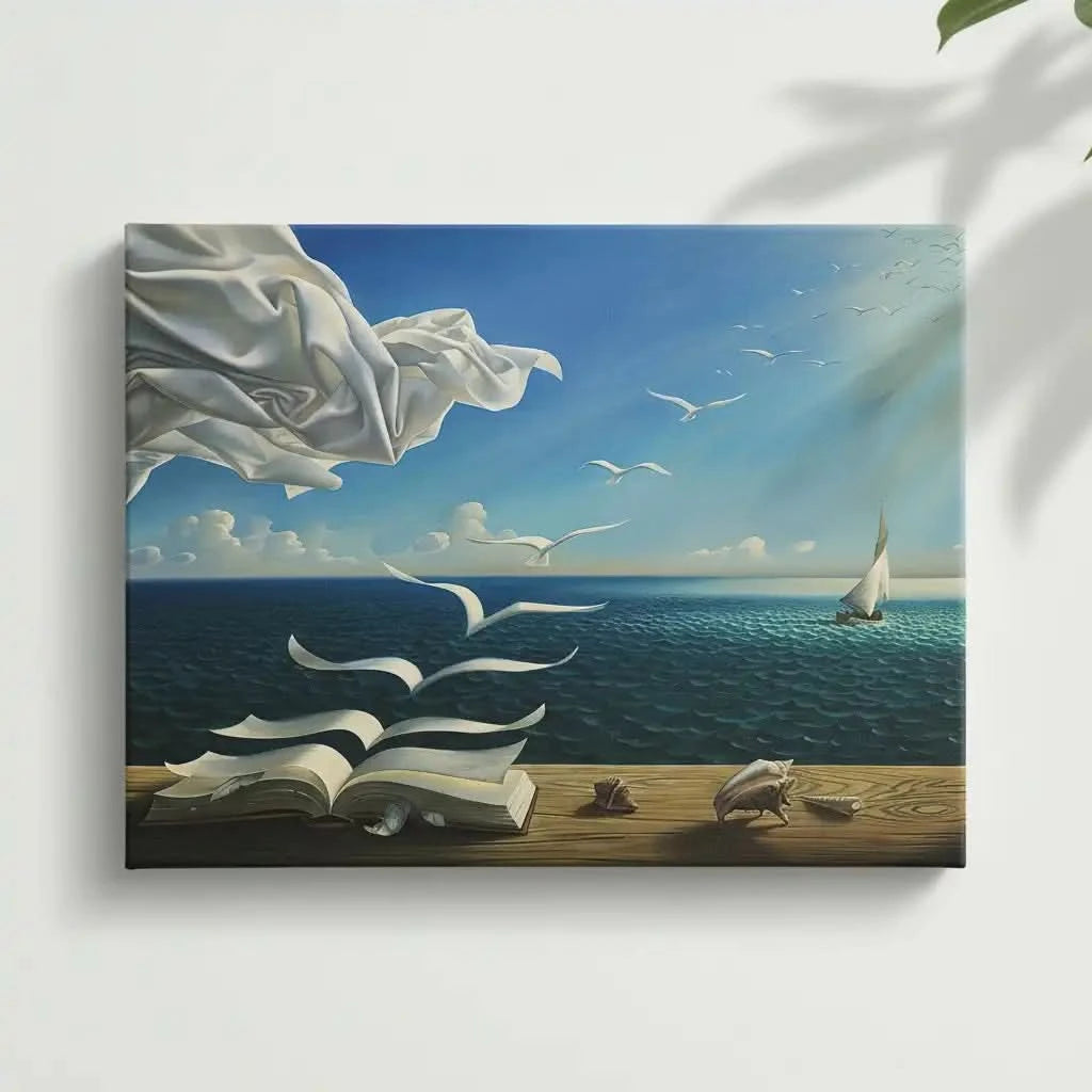 Tableau surréaliste avec livre aux pages s'envolant, ciel bleu éclatant, mouettes blanches, ambiance paisible pour bureau ou