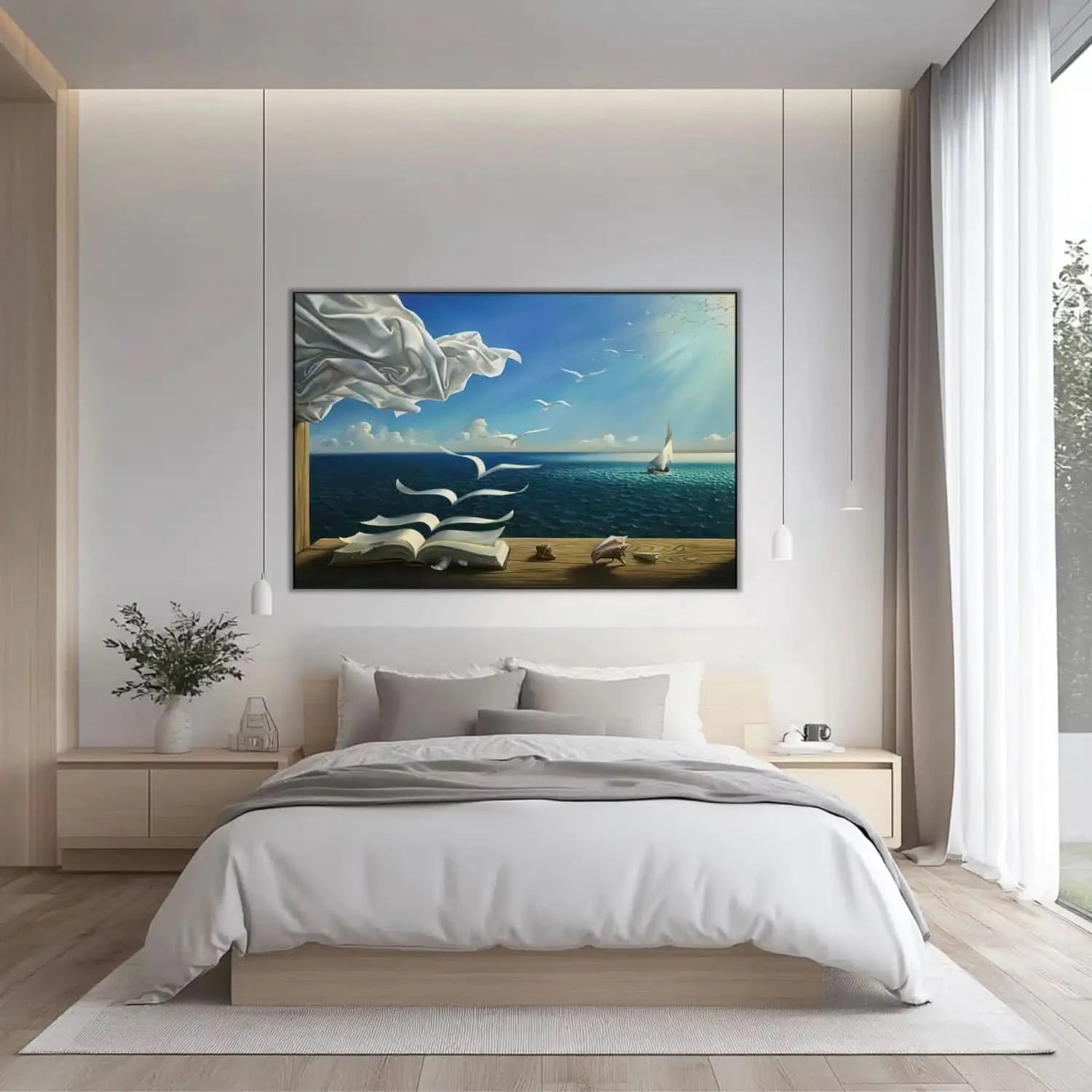 Tableau surréaliste avec livre aux pages s'envolant, ciel bleu éclatant, mouettes blanches, ambiance paisible pour bureau ou