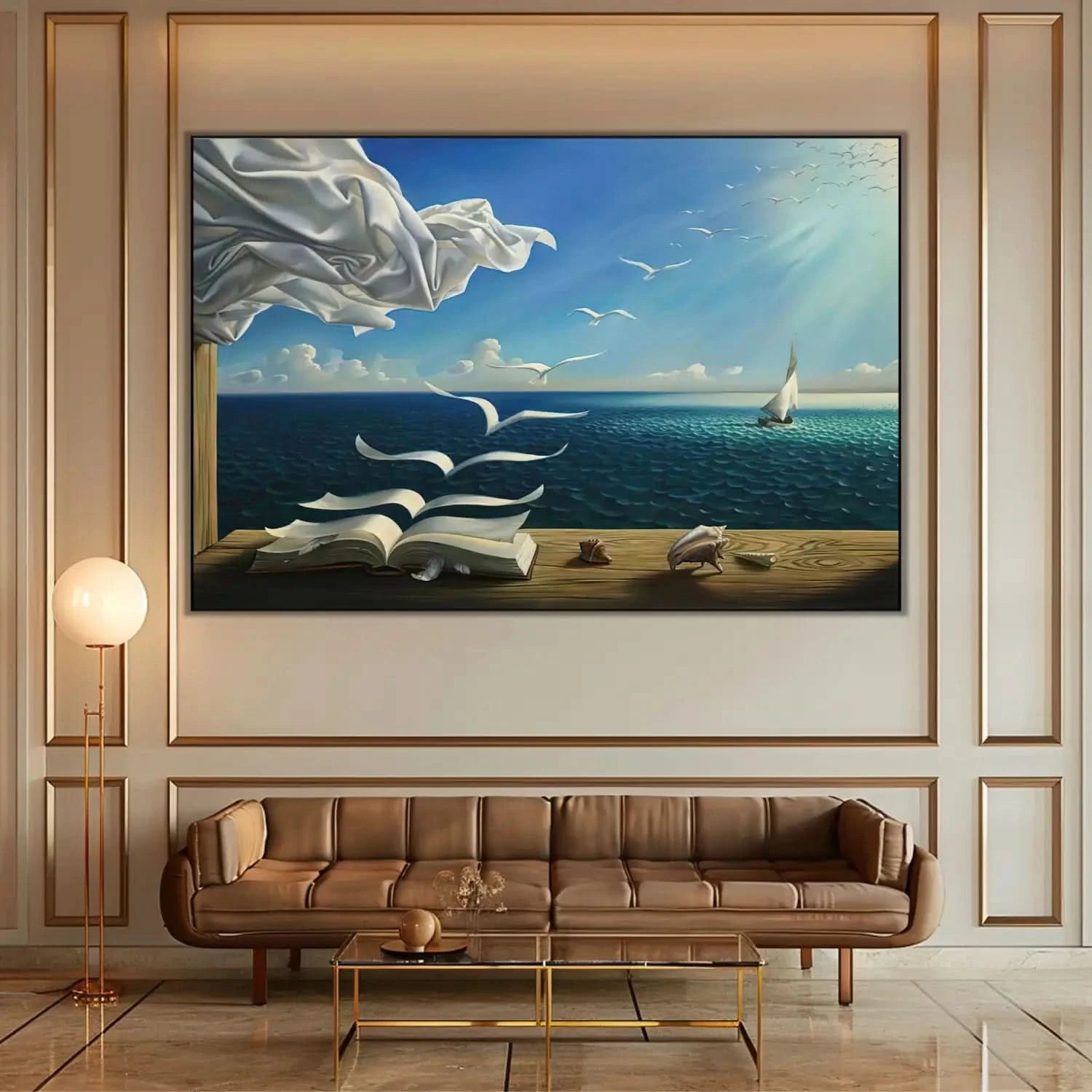 Tableau surréaliste avec livre aux pages s'envolant, ciel bleu éclatant, mouettes blanches, ambiance paisible pour bureau ou