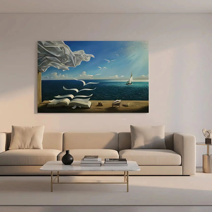 Tableau surréaliste avec livre aux pages s'envolant, ciel bleu éclatant, mouettes blanches, ambiance paisible pour bureau ou