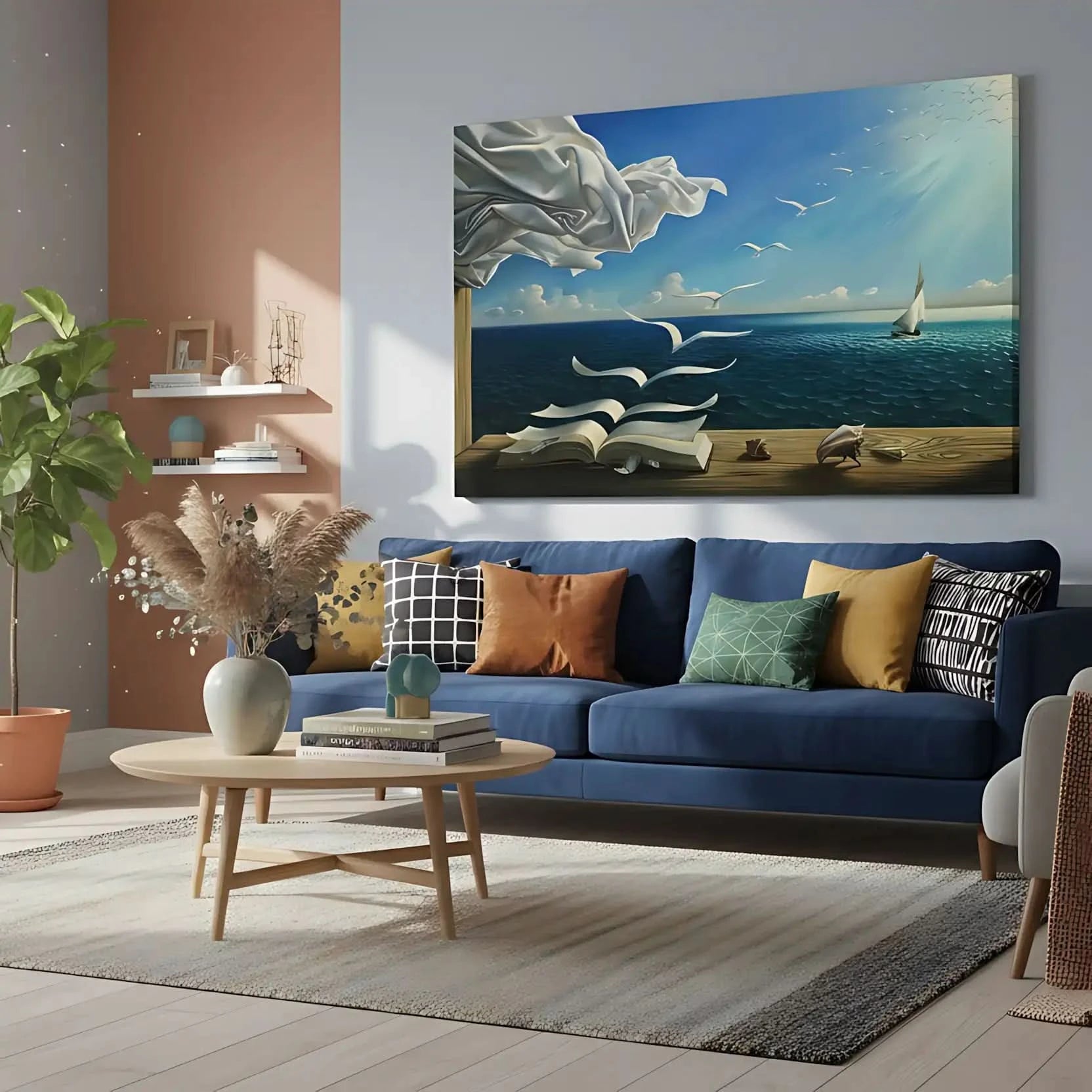 Tableau surréaliste avec livre aux pages s'envolant, ciel bleu éclatant, mouettes blanches, ambiance paisible pour bureau ou