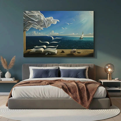 Tableau surréaliste avec livre aux pages s'envolant, ciel bleu éclatant, mouettes blanches, ambiance paisible pour bureau ou