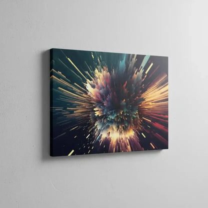 Oeuvre abstraite avec explosion de couleurs vibrantes, bleu profond, rouge incandescent et jaune doré, ambiance dynamique pour