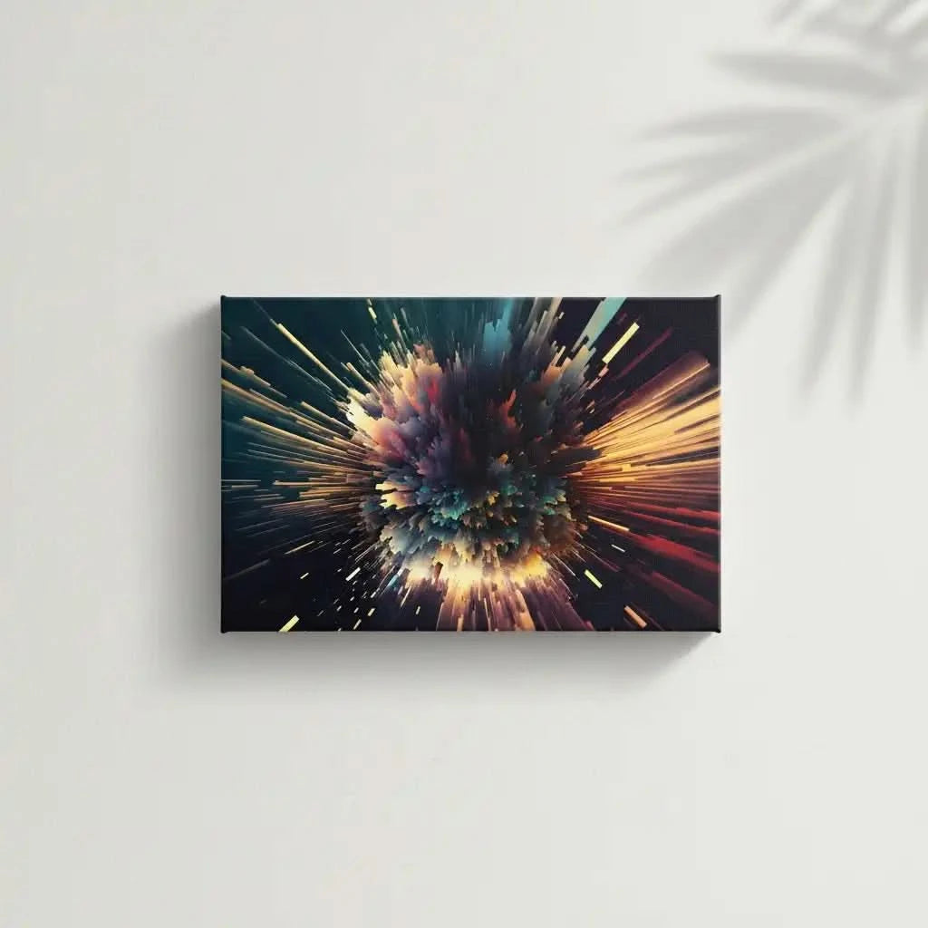 Oeuvre abstraite avec explosion de couleurs vibrantes, bleu profond, rouge incandescent et jaune doré, ambiance dynamique pour