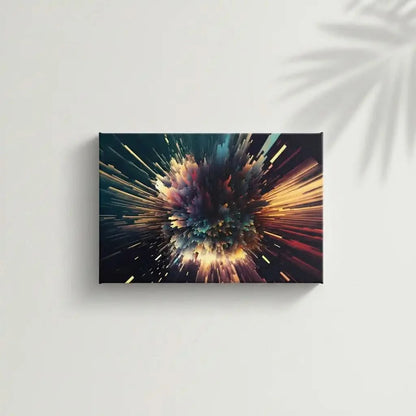 Oeuvre abstraite avec explosion de couleurs vibrantes, bleu profond, rouge incandescent et jaune doré, ambiance dynamique pour