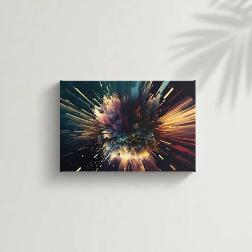 Oeuvre abstraite avec explosion de couleurs vibrantes, bleu profond, rouge incandescent et jaune doré, ambiance dynamique pour