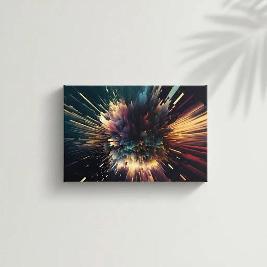 Oeuvre abstraite avec explosion de couleurs vibrantes, bleu profond, rouge incandescent et jaune doré, ambiance dynamique pour