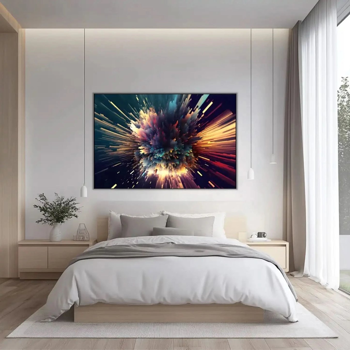 Œuvre abstraite avec explosion de couleurs vibrantes, bleu profond, rouge incandescent et jaune doré, ambiance dynamique pour