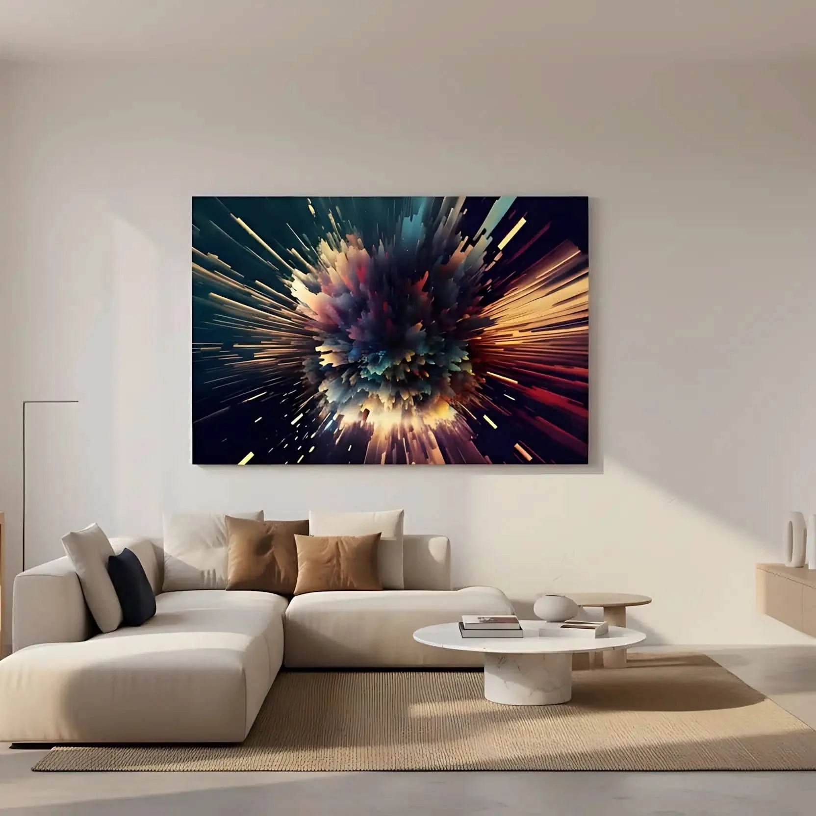 Oeuvre abstraite avec explosion de couleurs vibrantes, bleu profond, rouge incandescent et jaune doré, ambiance dynamique pour