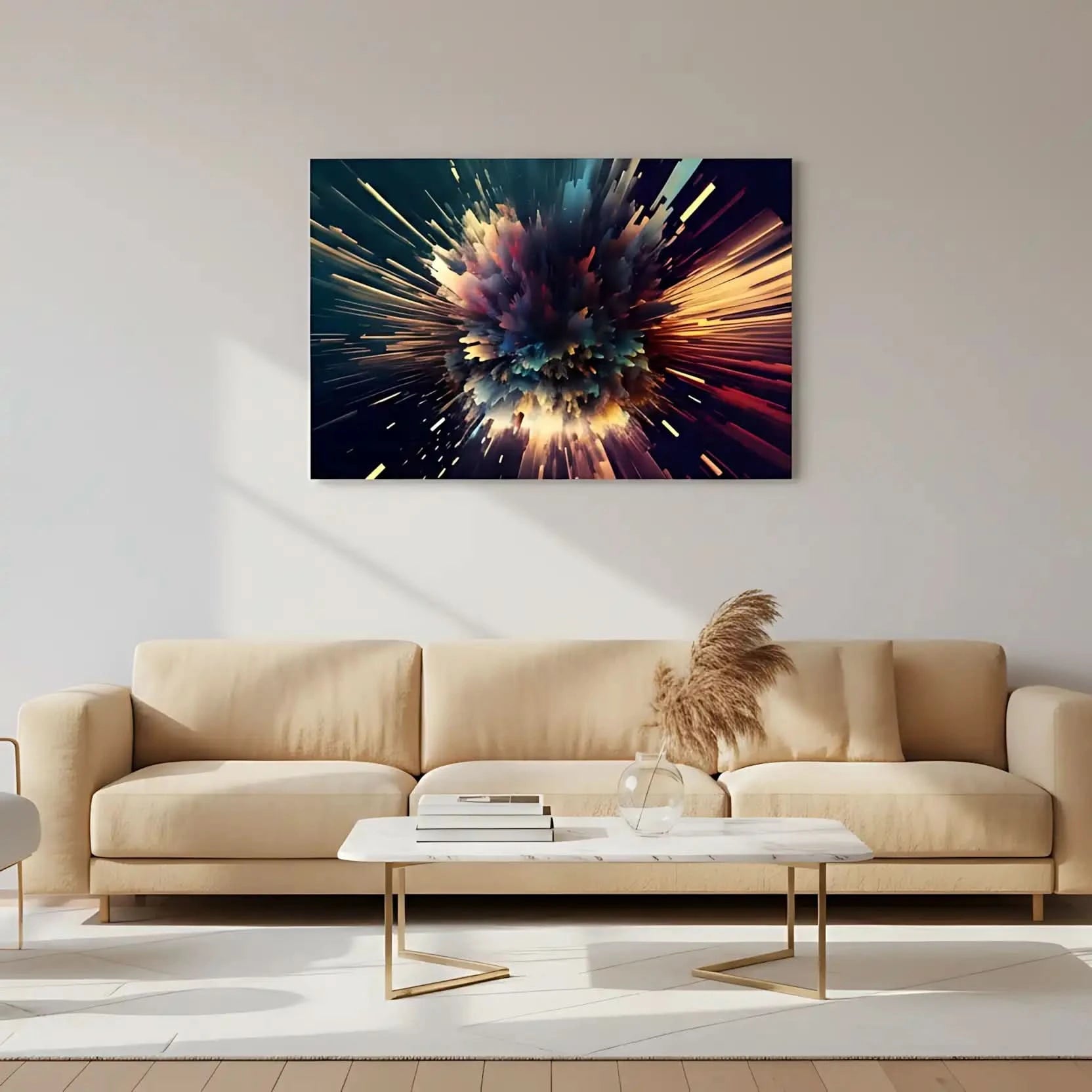 Oeuvre abstraite avec explosion de couleurs vibrantes, bleu profond, rouge incandescent et jaune doré, ambiance dynamique pour