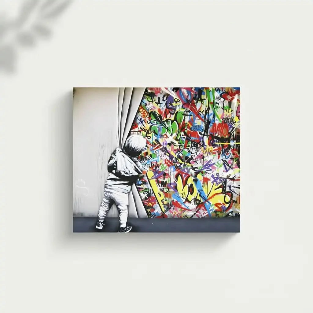 Enfant en noir et blanc découvrant des graffitis multicolores, ambiance urbaine et dynamique pour salon ou bureau moderne.
