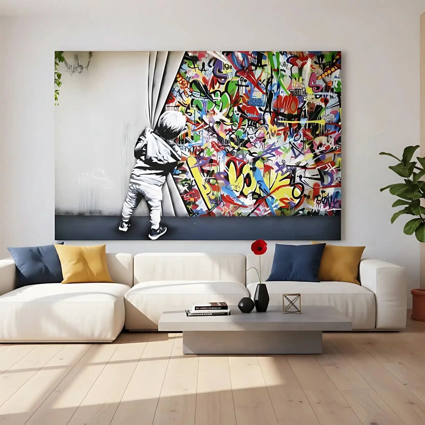 Enfant en noir et blanc découvrant des graffitis multicolores, ambiance urbaine et dynamique pour salon ou bureau moderne.