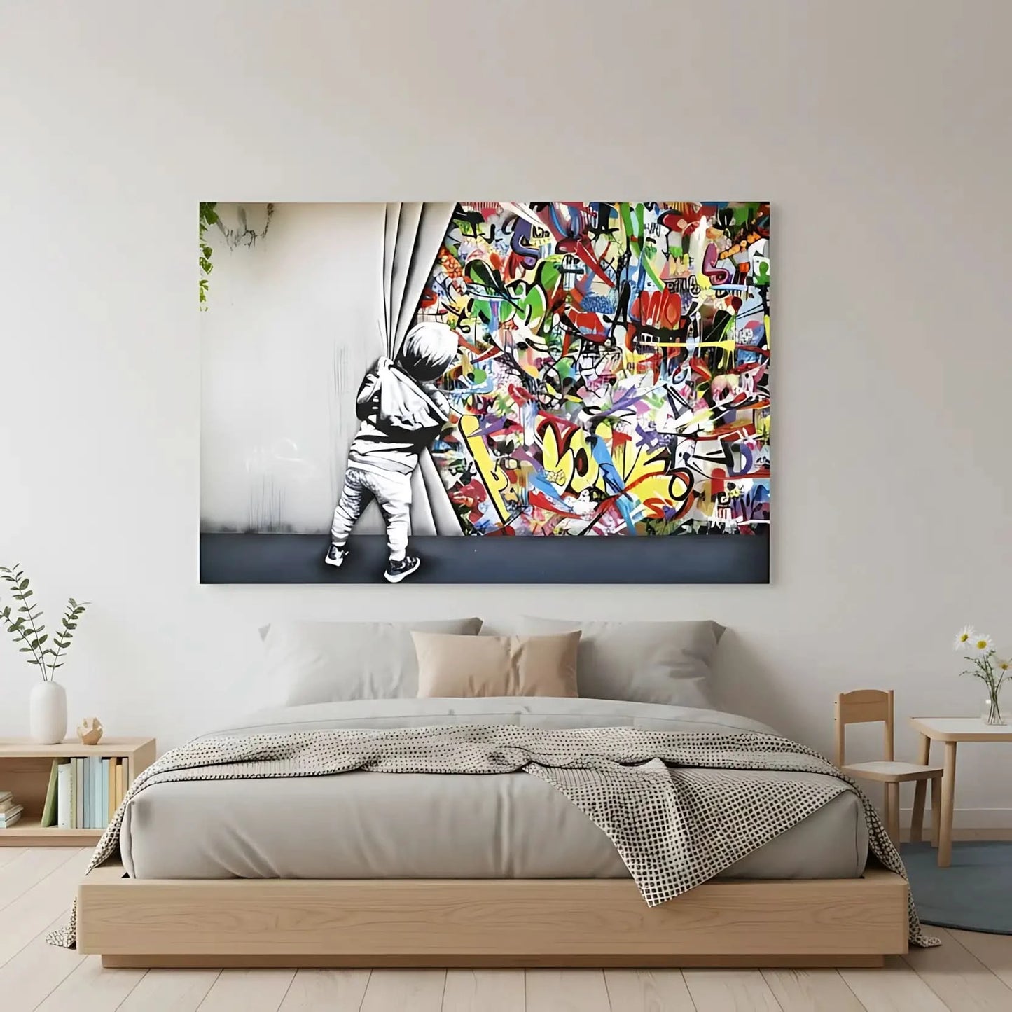 Enfant en noir et blanc découvrant des graffitis multicolores, ambiance urbaine et dynamique pour salon ou bureau moderne.