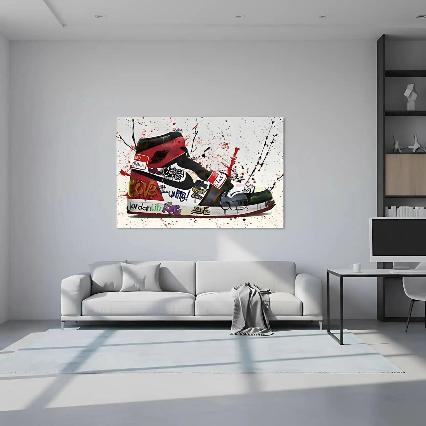 Chaussure ornée de graffitis multicolores, éclaboussures rouges et noires, énergie urbaine pour salon moderne ou bureau créat