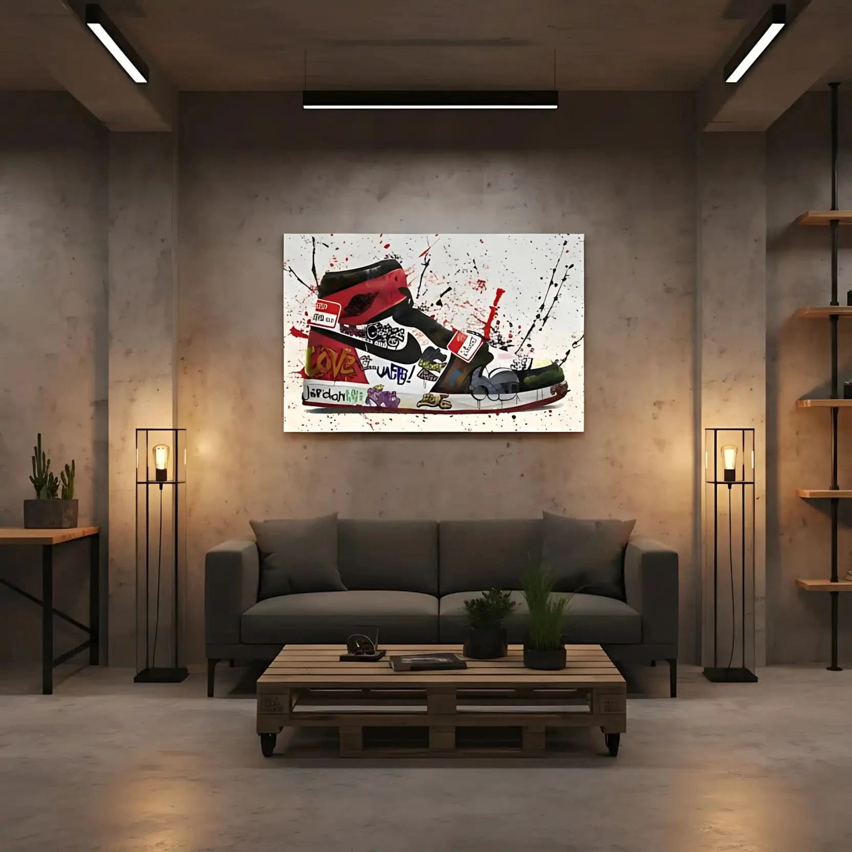 Chaussure ornée de graffitis multicolores, éclaboussures rouges et noires, énergie urbaine pour salon moderne ou bureau créat