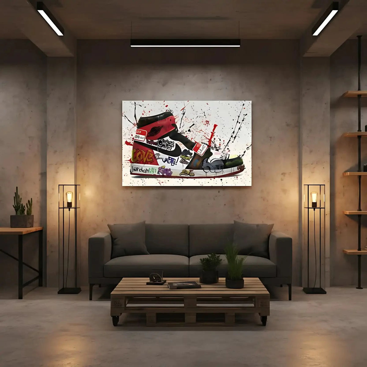 Chaussure ornée de graffitis multicolores, éclaboussures rouges et noires, énergie urbaine pour salon moderne ou bureau créat