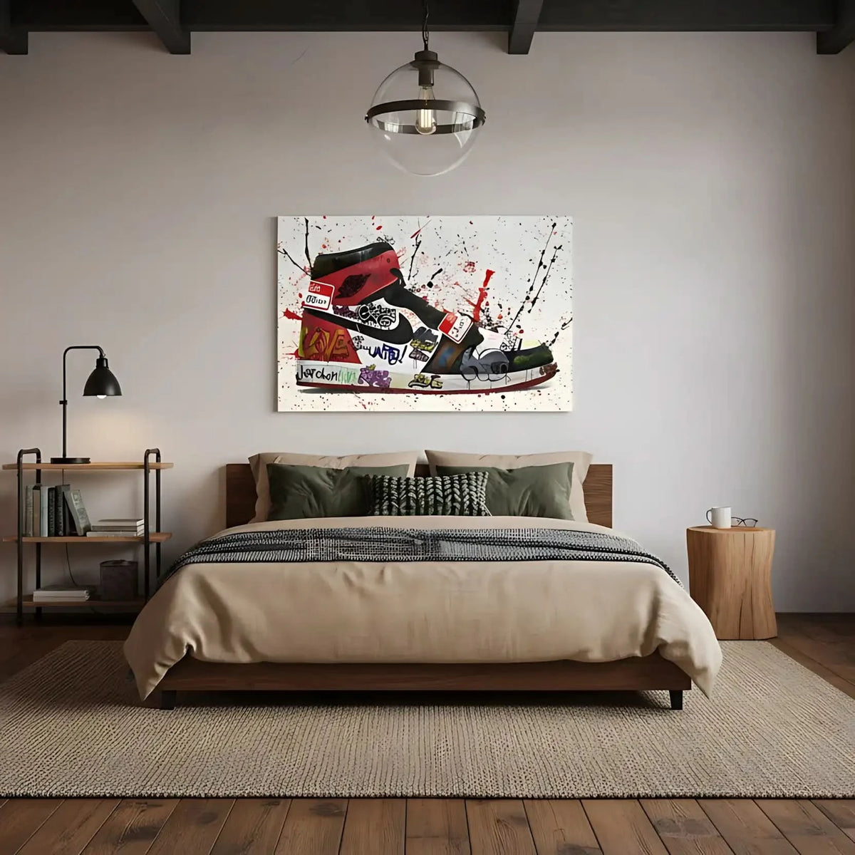 Chaussure ornée de graffitis multicolores, éclaboussures rouges et noires, énergie urbaine pour salon moderne ou bureau créat