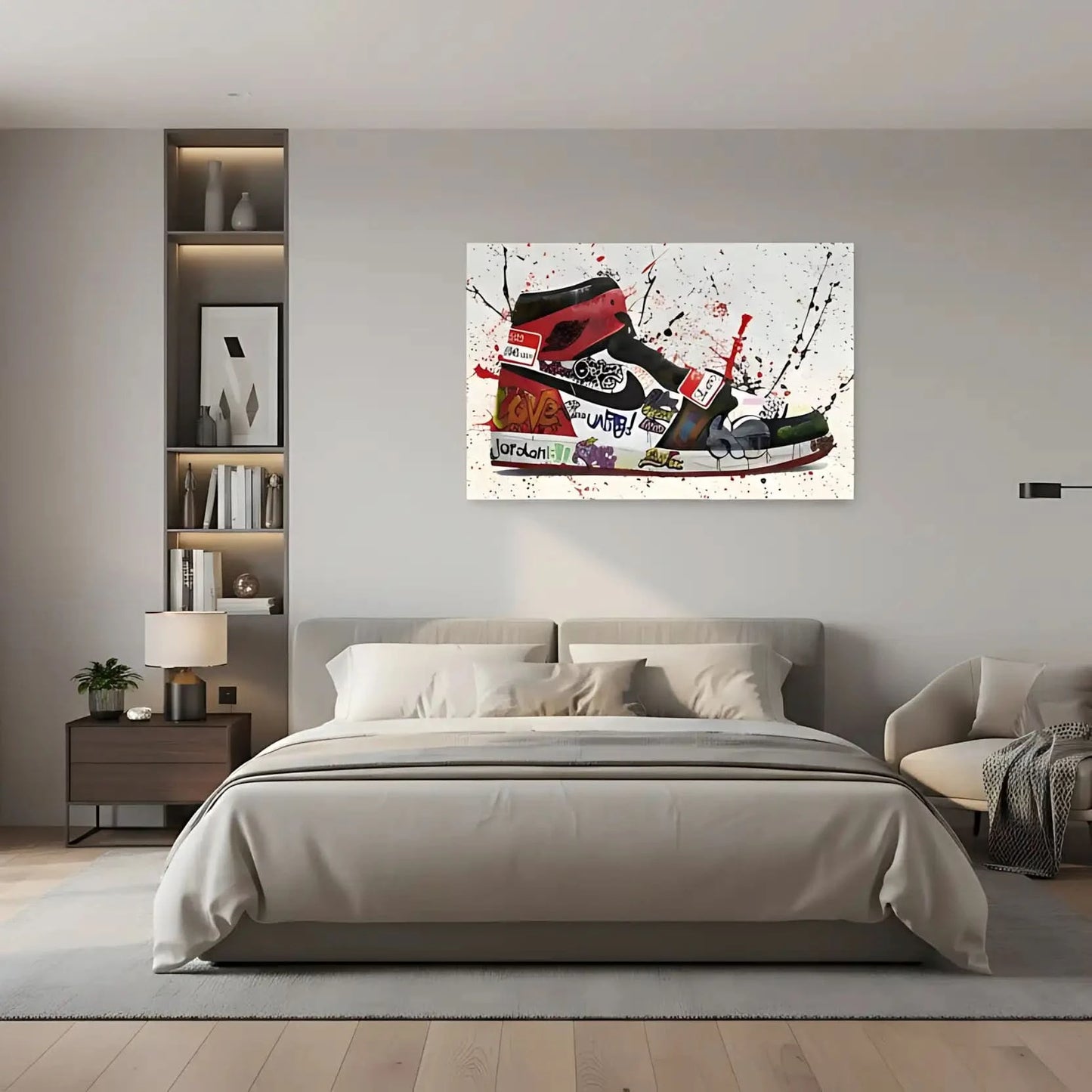 Chaussure ornée de graffitis multicolores, éclaboussures rouges et noires, énergie urbaine pour salon moderne ou bureau créat